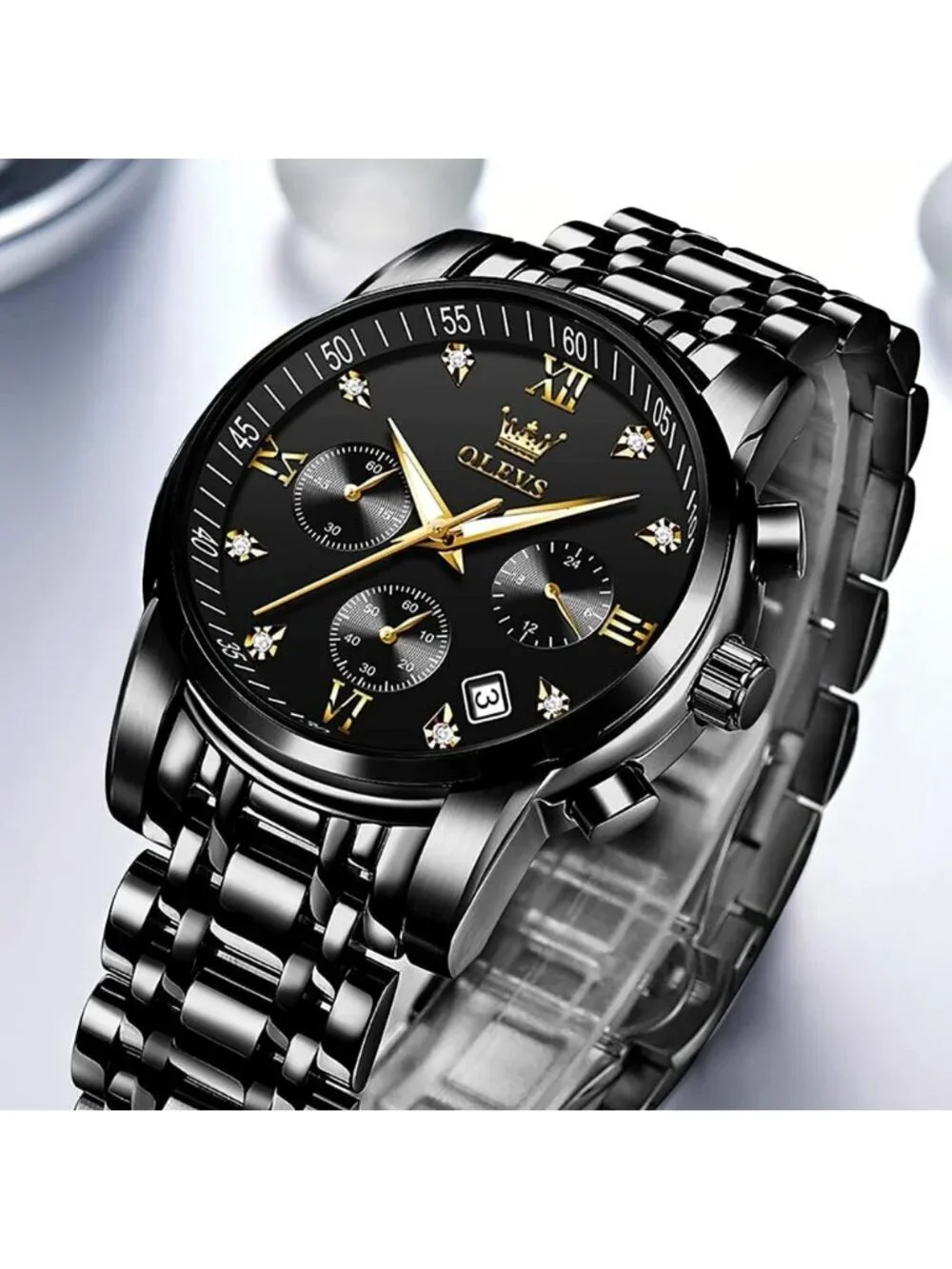 Olevs Men's All Black Multifunction Waterproof Luminous Chronograph Wrist Watch